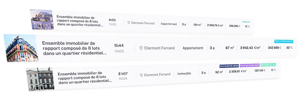 Interface de recherche Obimo : liste de biens filtrés avec prix, rendement et surface